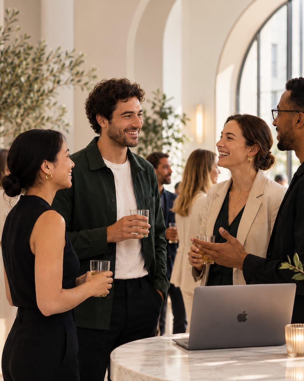 Four people chatting and laughing with drinks in hand round a marble table with a laptop, under cream arches at an evening event.