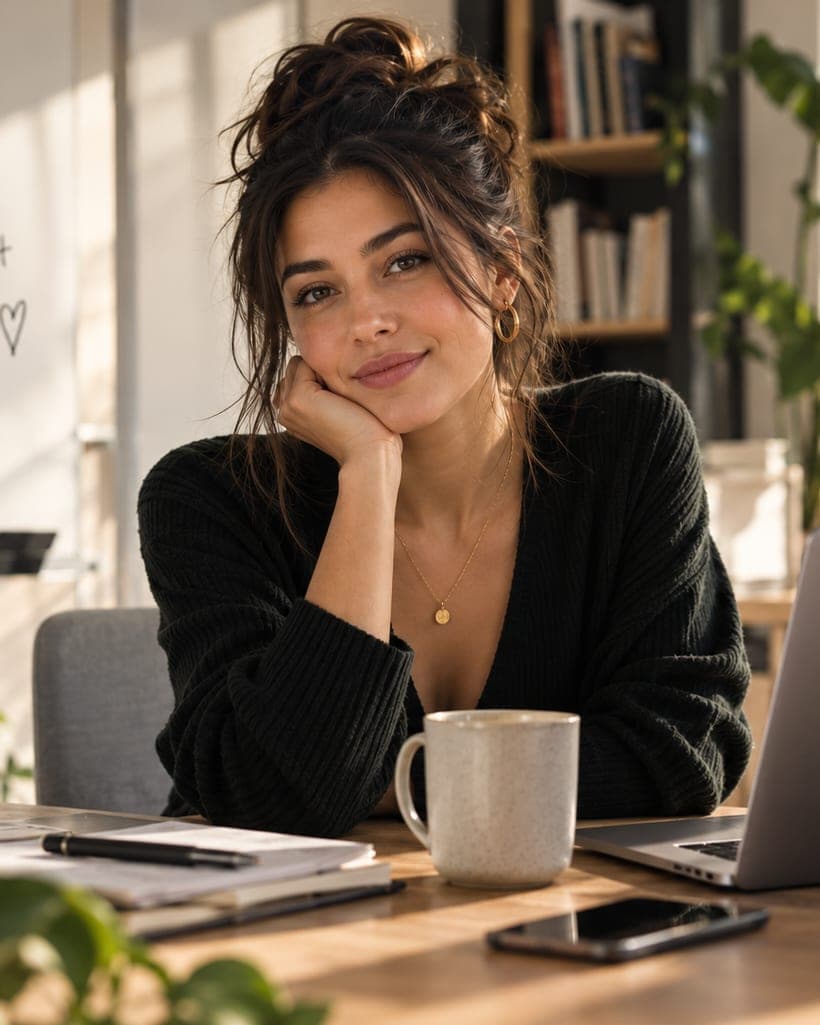 A woman in a dark knit rests her chin on her hand at her desk and looks into the camera with a small smile, plants and a laptop around her.