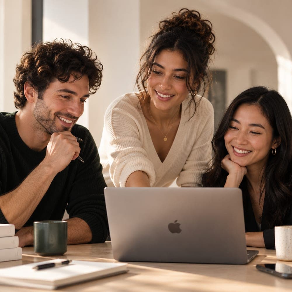 Three colleagues lean in around a laptop at a pale oak table, all smiling at what one of them has just made.