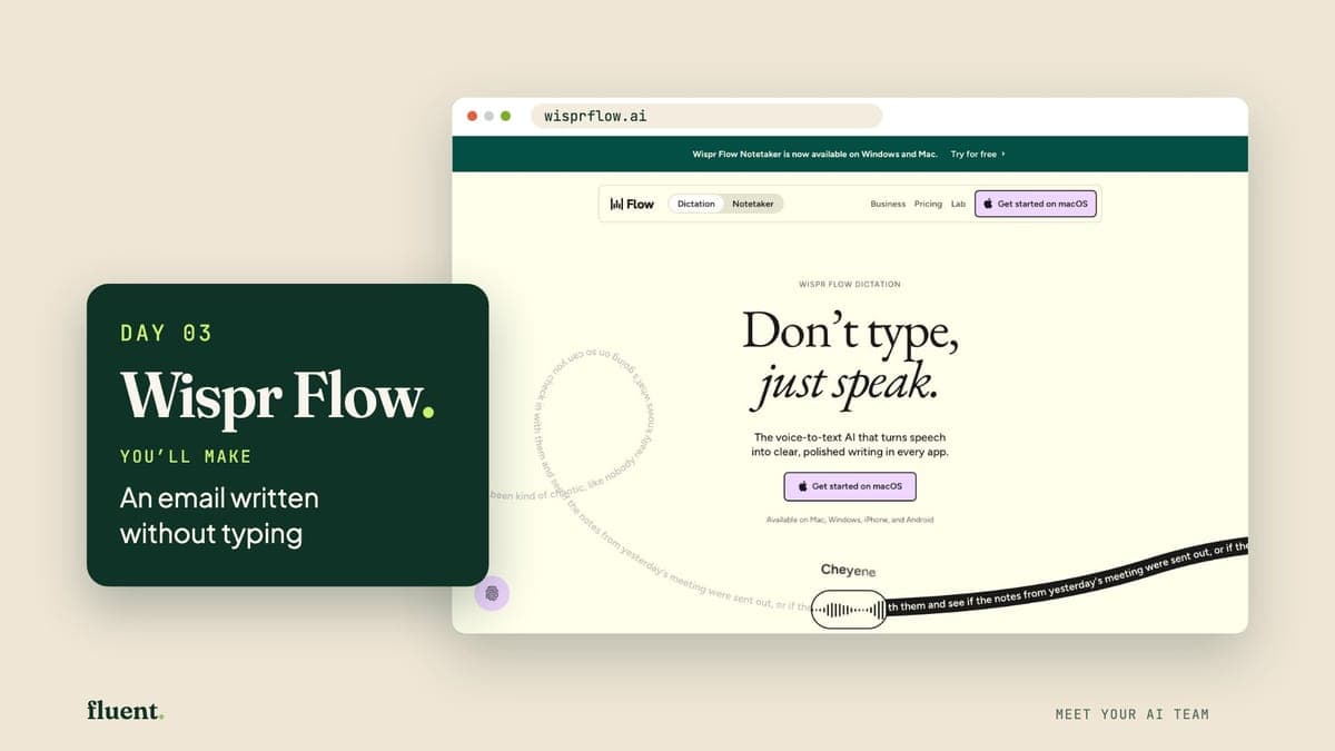 The Day 3 lesson cover: Wispr Flow's own page, with a card that reads Day 3, Wispr Flow.