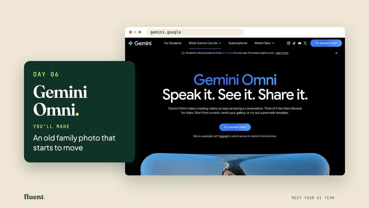 The Day 6 lesson cover: Gemini Omni's own page, with a card that reads Day 6, Gemini Omni.