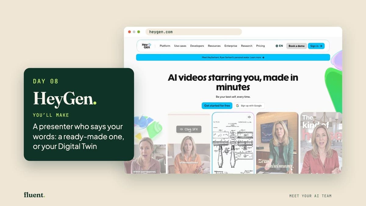 The Day 8 lesson cover: HeyGen's own page, with a card that reads Day 8, HeyGen.