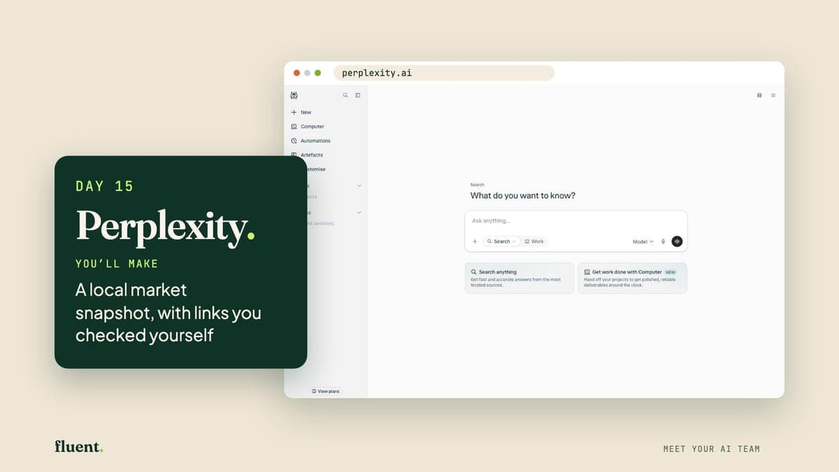 The Day 15 lesson cover: Perplexity's own page, with a card that reads Day 15, Perplexity.