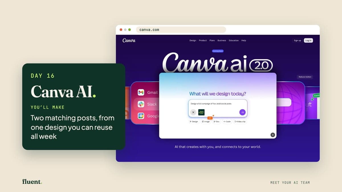 The Day 16 lesson cover: Canva AI's own page, with a card that reads Day 16, Canva AI.