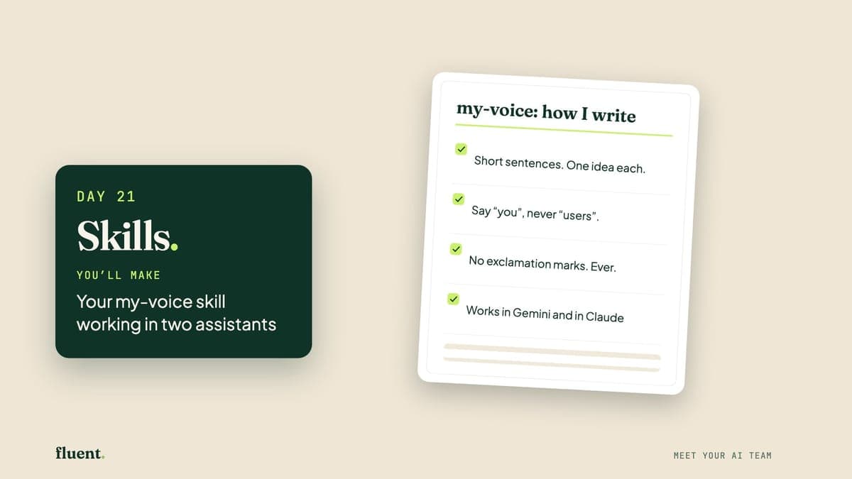The Day 21 lesson cover: Skills's own page, with a card that reads Day 21, Skills.