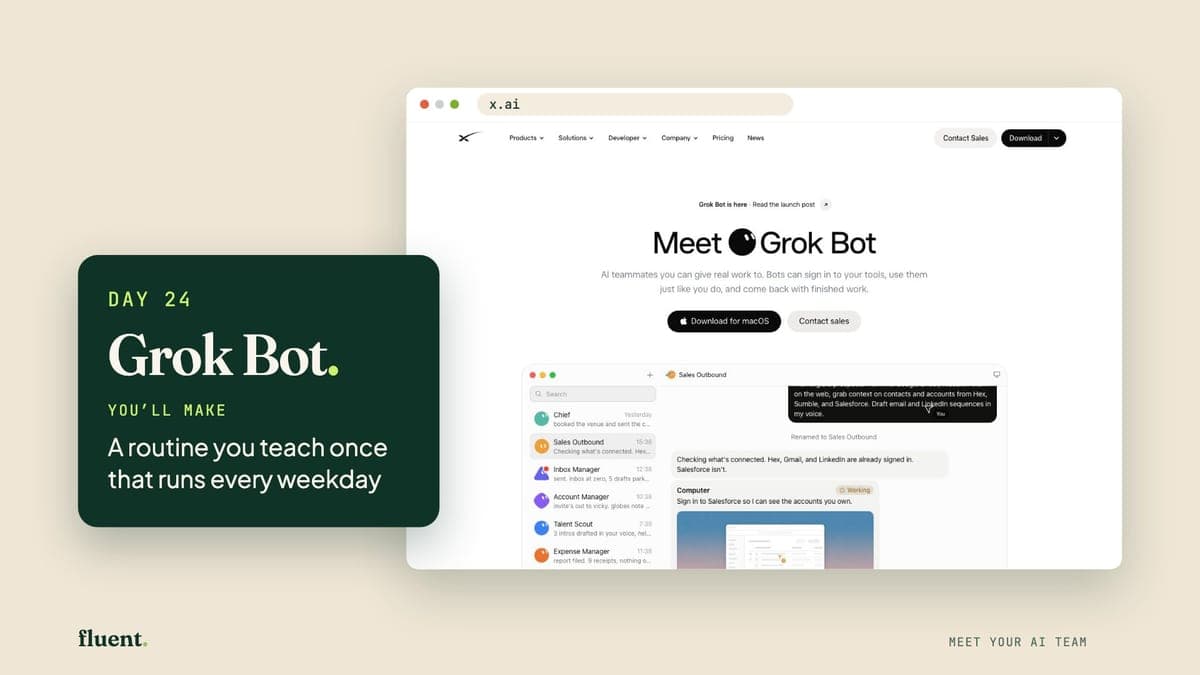 The Day 24 lesson cover: Grok Bot's own page, with a card that reads Day 24, Grok Bot.