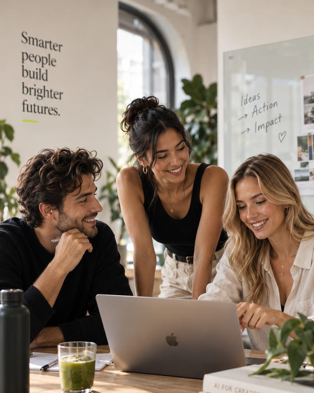 Three colleagues gathered round a laptop in a sunlit studio, smiling at what is on the screen.
