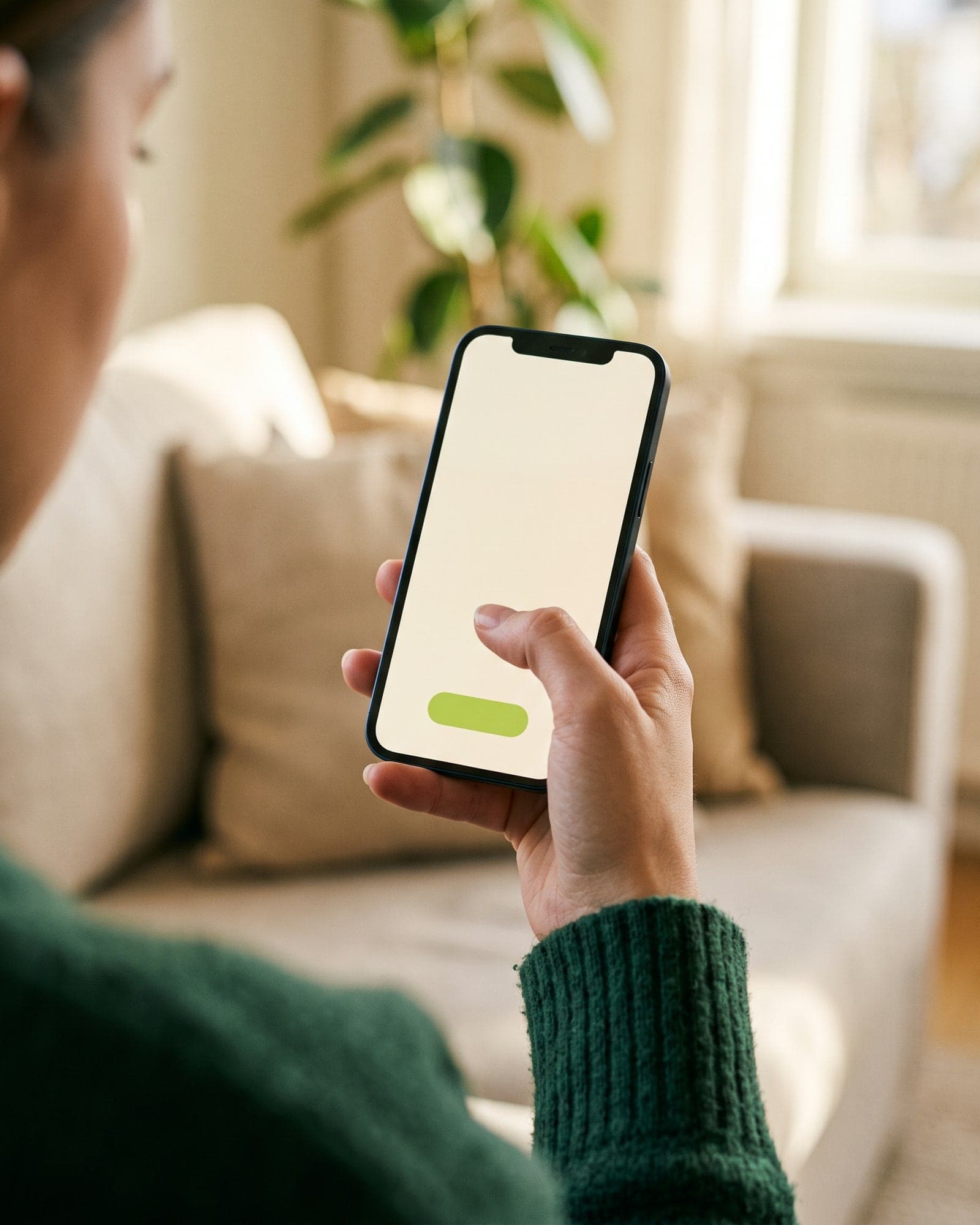 A hand holding a phone, thumb about to tap a button, in a sunlit living room.